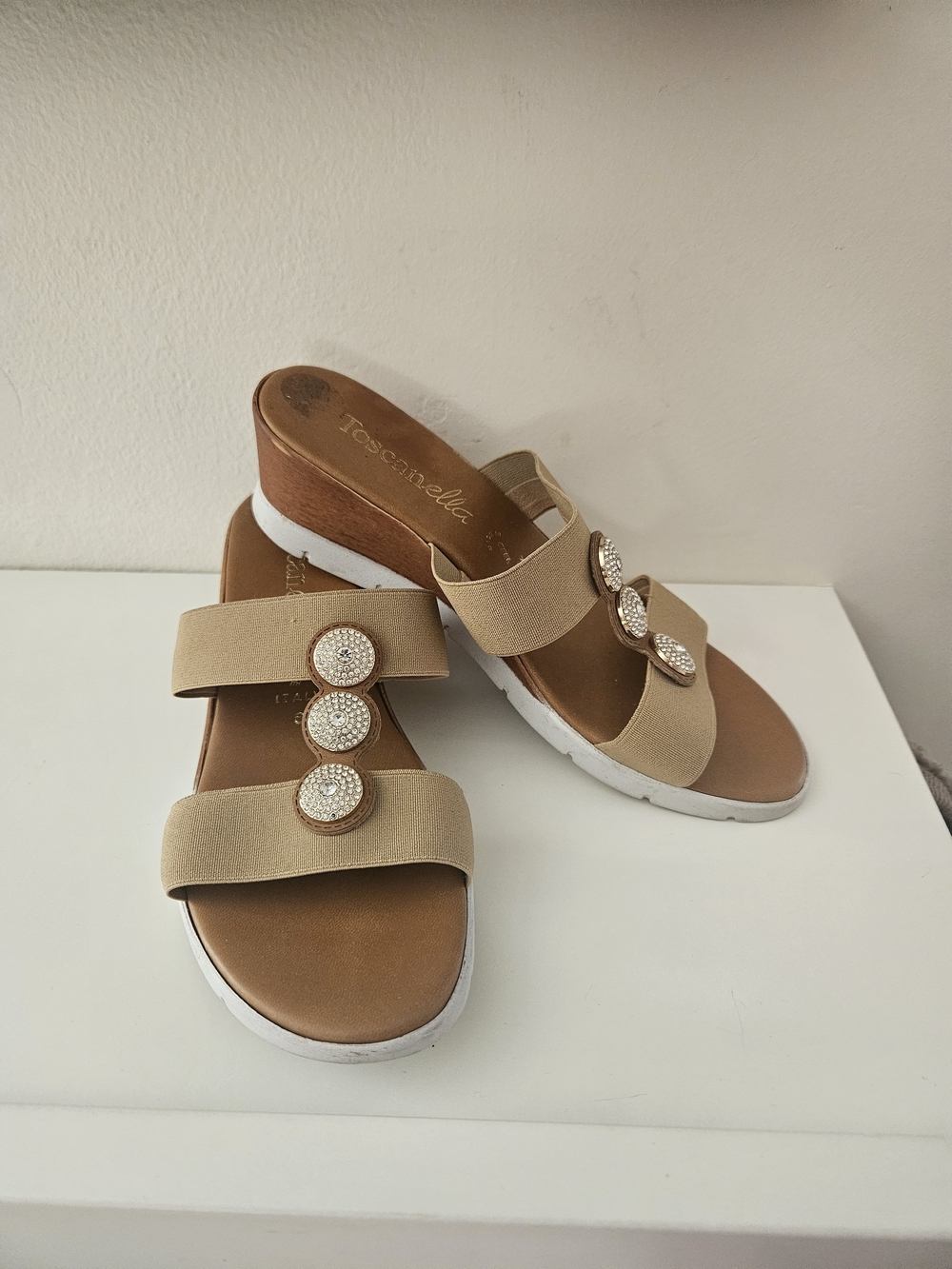 Toscanella Beige Wedge Slide Sandals with Rhinestone Button Accents